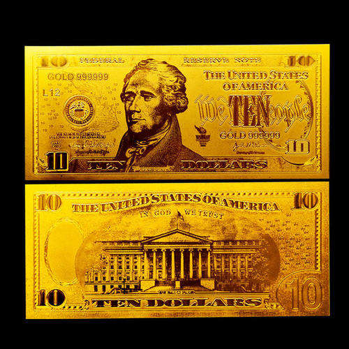 United States Of America 24 Kt 0.999 GOLD Foil $10 Dollar Bank Note