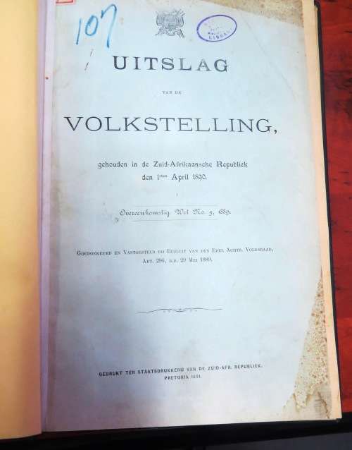 Uitslag van de Volkstelling   gehouden in de ZAR  1890  ,gedrukt ter staatsdrukkerij  1891