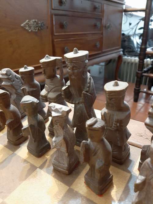 STUNNING LARGE OLD  CHESS SET individually carved pieces!