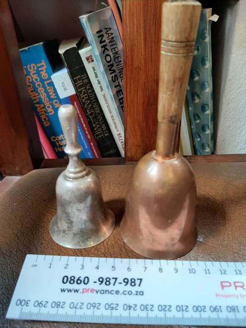 HIGHLY COLLECTABLE VINTAGE SILVERPLATED AND COPPER WITH WOODEN HANDLE TABLE BELLS