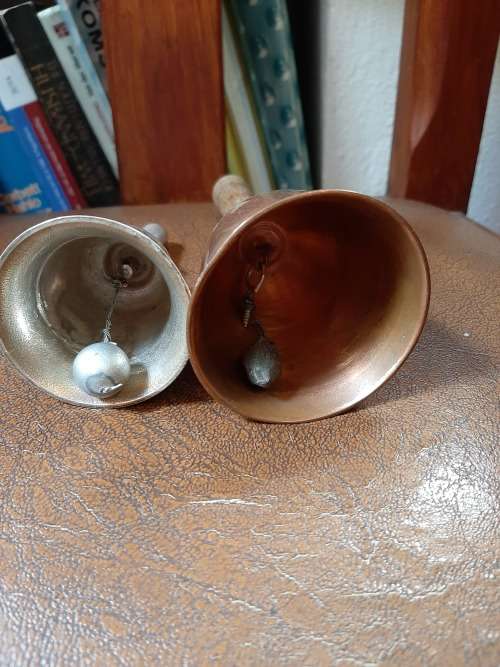 HIGHLY COLLECTABLE VINTAGE SILVERPLATED AND COPPER WITH WOODEN HANDLE TABLE BELLS