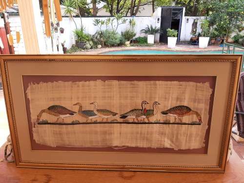 Large Vintage Egyptian painting of ducks on papyrus