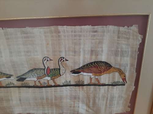 Large Vintage Egyptian painting of ducks on papyrus