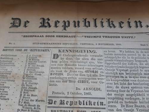 DE REPUBLIKEIN COURANT  1865  ! ZAR  PRETORIA