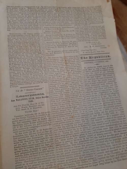 DE REPUBLIKEIN COURANT  1865  ! ZAR  PRETORIA