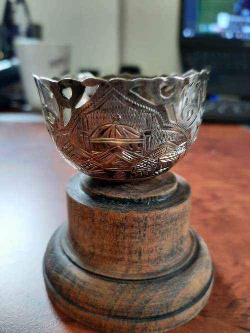MEHMED V1  RARE ANTIQUE   1918 OTTOMAN STERLING SILVER ZARF WITH WOOD BASE  21gram silver