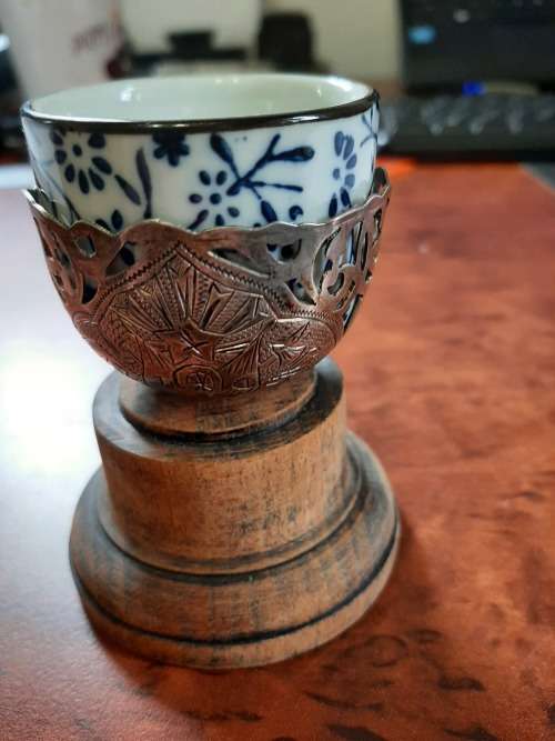 MEHMED V1  RARE ANTIQUE   1918 OTTOMAN STERLING SILVER ZARF WITH WOOD BASE  21gram silver