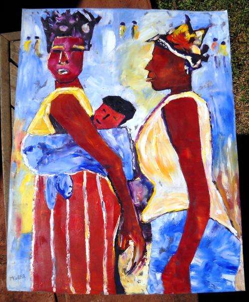 STYLISH INVESTMENT!!!!  OIL ON CANVAS''SISTERS'' ZACHARIA MUKWIRA ,LISTED ZIMBABWEN ARTIST 49X64 CM