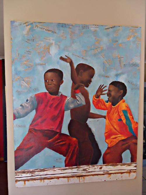 LARGE VIBRANT ACRYLIC ON BOARD PLAYING CHILDREN ,UNSIGNED