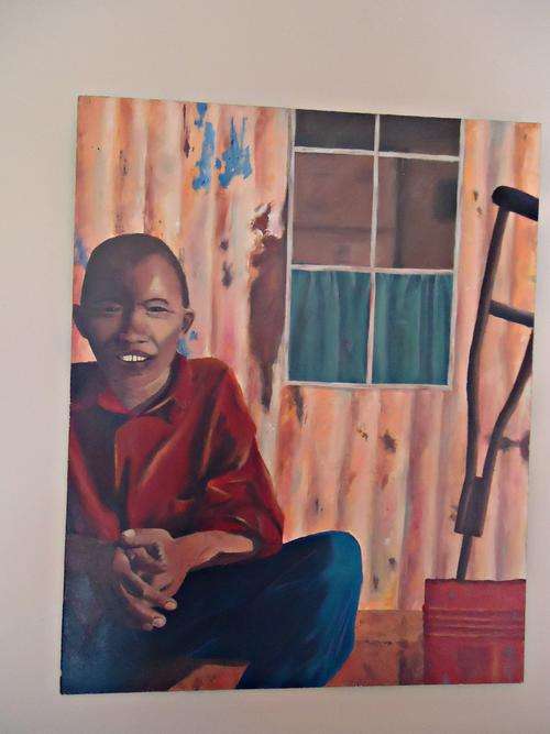VIBRANT ACRYLIC ON BOARD ADOLECENT IN SHACK ,UNSIGNED
