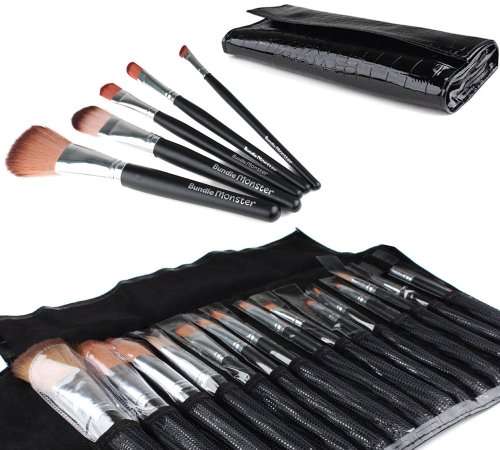 Bundle Monster 15pc Studio Pro Makeup Make Up Cosmetic Brush Set Kit w/ Black Faux Crocodile Case -