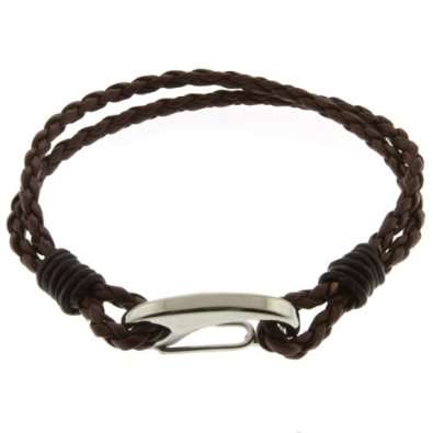 Mens  Brown Leather Bracelet With Stainless Steel Clasp