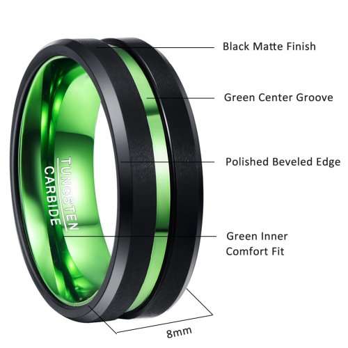 Nuncad Classic Two Tone Tungsten Rings for Men Green Groove Black Brushed Comfort Fit Size 15