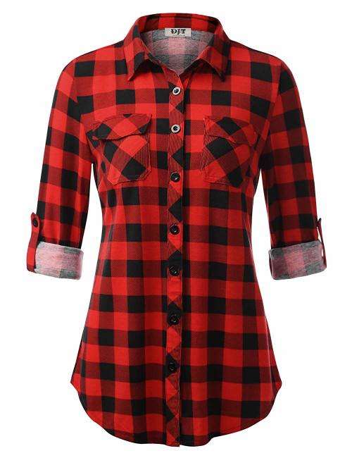 DJT Women¿s Roll Up Long Sleeve Collared Button Down Plaid Shirt-Large
