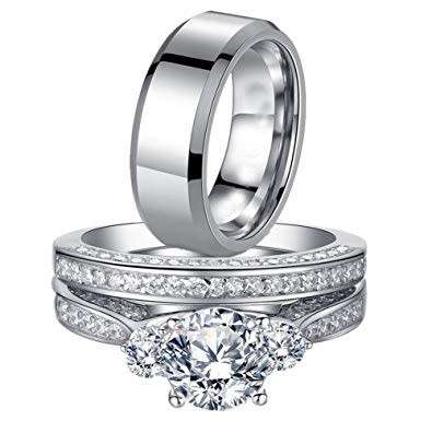 MABELLA His and Hers Wedding Ring Sets 3 Stone Womens Silver CZ Ring Set and Mens Stainless Steel Ma