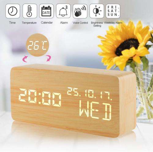 Digital Alarm Clock, Desk Clock Wood Digital Clocks with 3 Alarms 3 Brightness Voice Control LED Dis