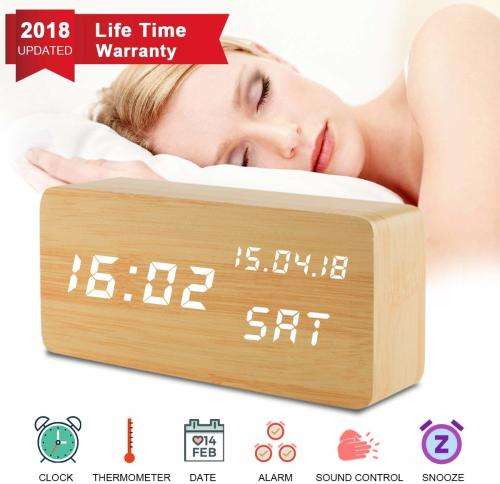 Digital Alarm Clock, Desk Clock Wood Digital Clocks with 3 Alarms 3 Brightness Voice Control LED Dis