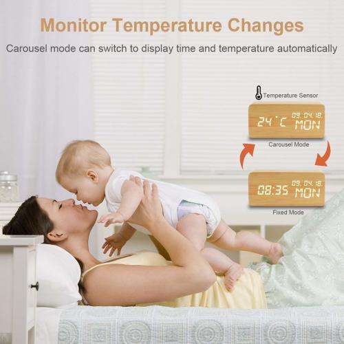 Digital Alarm Clock, Desk Clock Wood Digital Clocks with 3 Alarms 3 Brightness Voice Control LED Dis