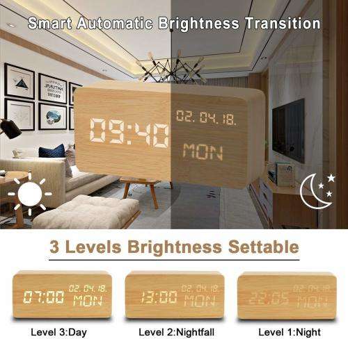 Digital Alarm Clock, Desk Clock Wood Digital Clocks with 3 Alarms 3 Brightness Voice Control LED Dis