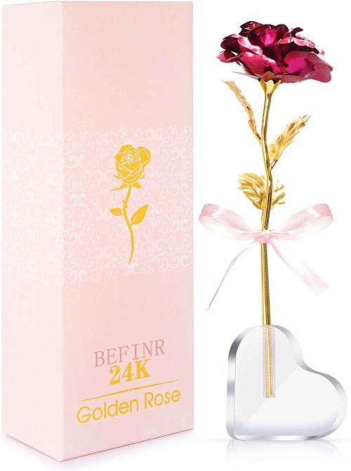 BEFINR 24K Gold Rose Artificial Forever Flowers with Heart-Shaped Stand Best Gifts