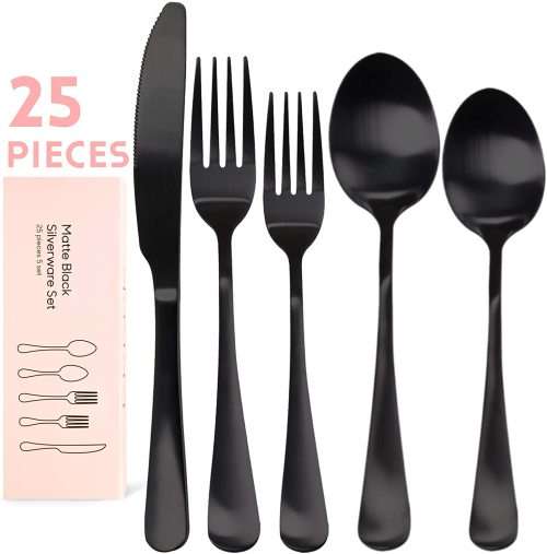25-Piece Matte Black Silverware Set, Utensil Sets for Kitchens, Satin Finish Stainless Steel Flatwar