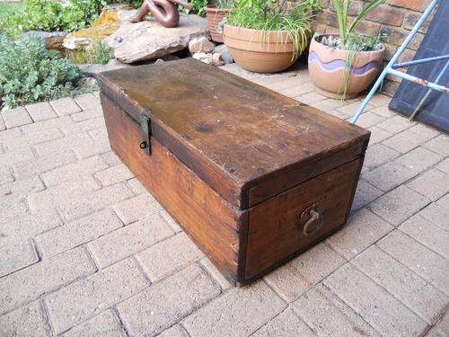 OLD WOODEN CHEST WITH LOVELY CAST IRON HANDLES.PLS SEE OTHER PICS.NO RESERVE!!!