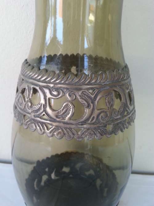 VINTAGE GREEN VASE WITH LACE PEWTER? OVERLAYS