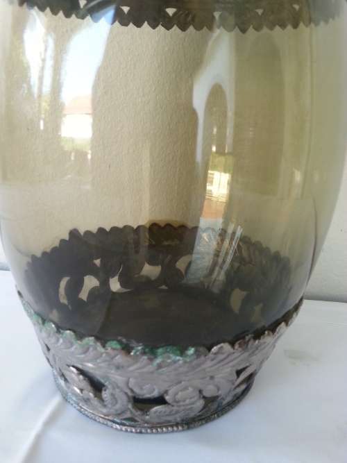VINTAGE GREEN VASE WITH LACE PEWTER? OVERLAYS
