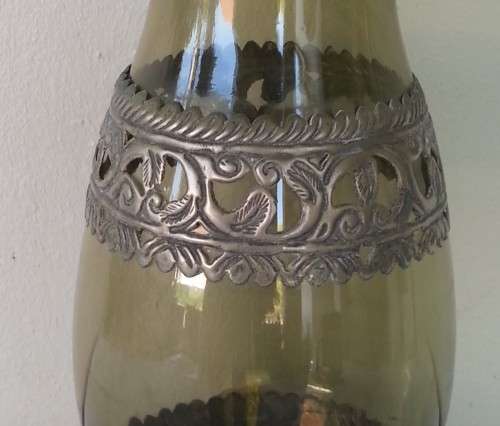 VINTAGE GREEN VASE WITH LACE PEWTER? OVERLAYS