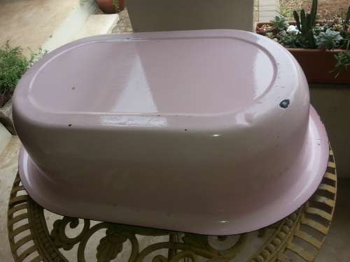 RARE PINK FRENCH ENAMEL BABY BATH/ BASIN - BEAUTIFUL CONDITION