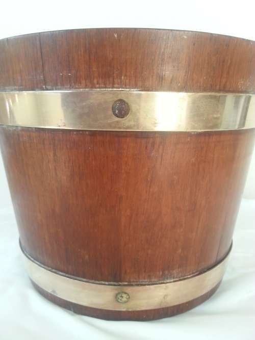 LARGE WOODEN BUCKET WITH BRASS OVERLAYS