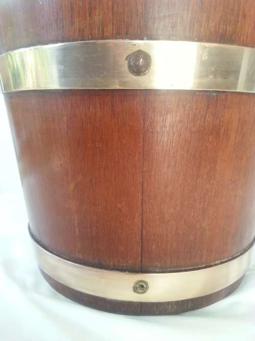 LARGE WOODEN BUCKET WITH BRASS OVERLAYS
