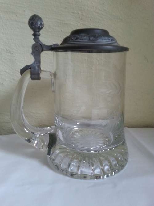 GERMAN CRYSTAL BEER STEIN WITH PETER LID - ZINN