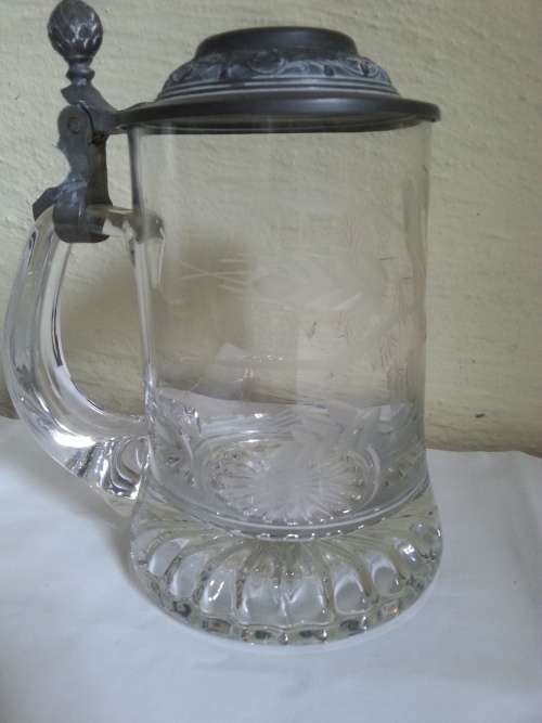 GERMAN CRYSTAL BEER STEIN WITH PETER LID - ZINN