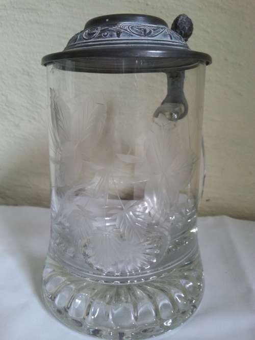 GERMAN CRYSTAL BEER STEIN WITH PETER LID - ZINN
