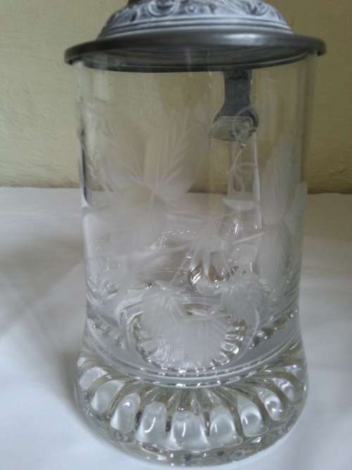 GERMAN CRYSTAL BEER STEIN WITH PETER LID - ZINN