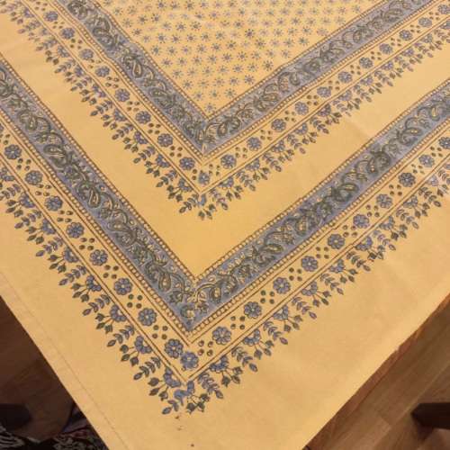 GORGEOUS LARGE INDIAN COTTON MUSTARD & BLUE TABLECLOTH