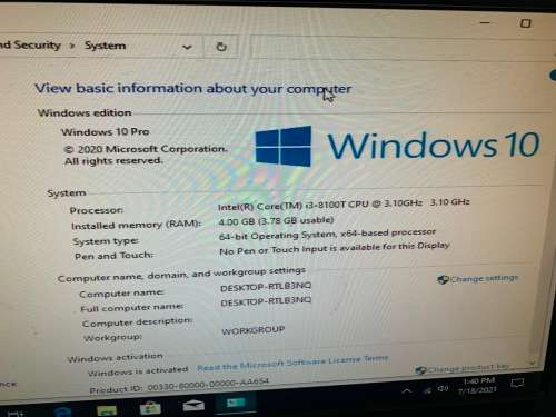 HP MP9 G4 Desktop Mini Pc i3-8100T 3.10GHz 4GB Ram 128GB SSD
