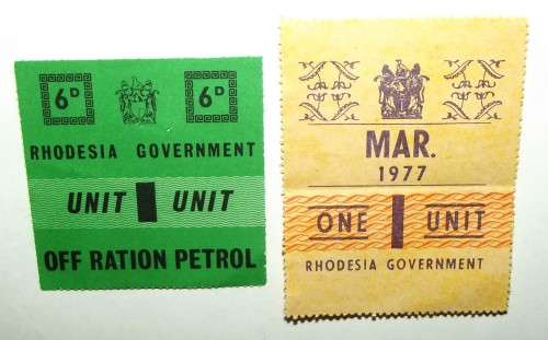 2 Rhodesia One Unit Petrol Ration Coupons From the 1970's