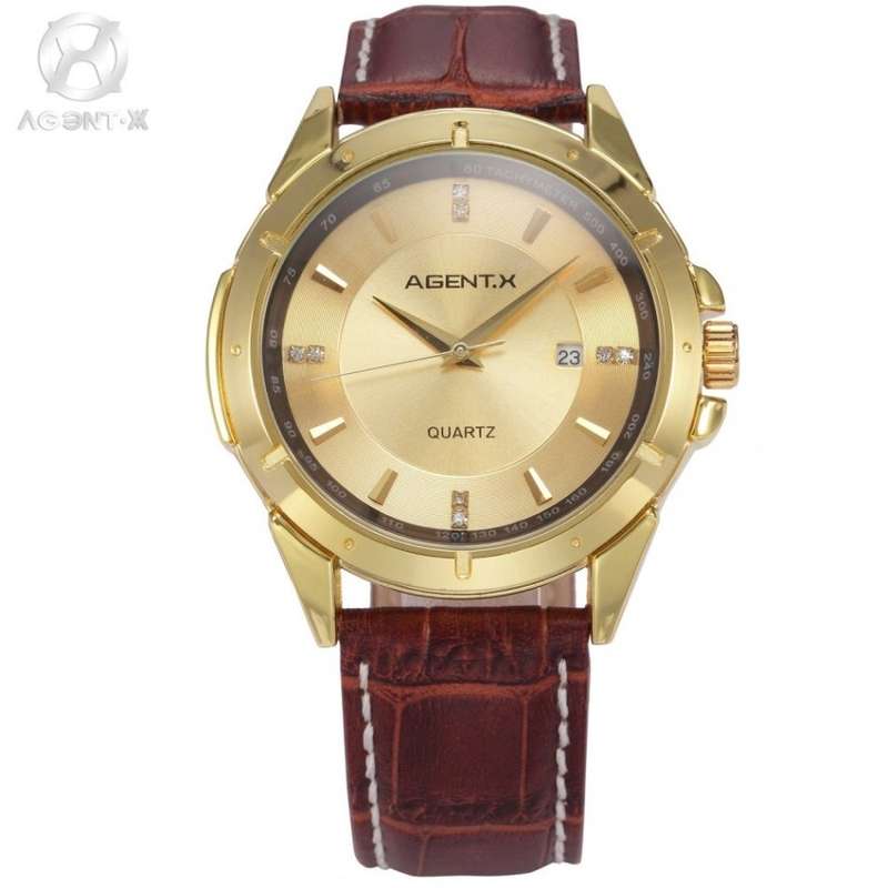 AGENT-X Golden Dial Brown Leather Quartz Mens Watch - FREE BRANDED GIFT BOX