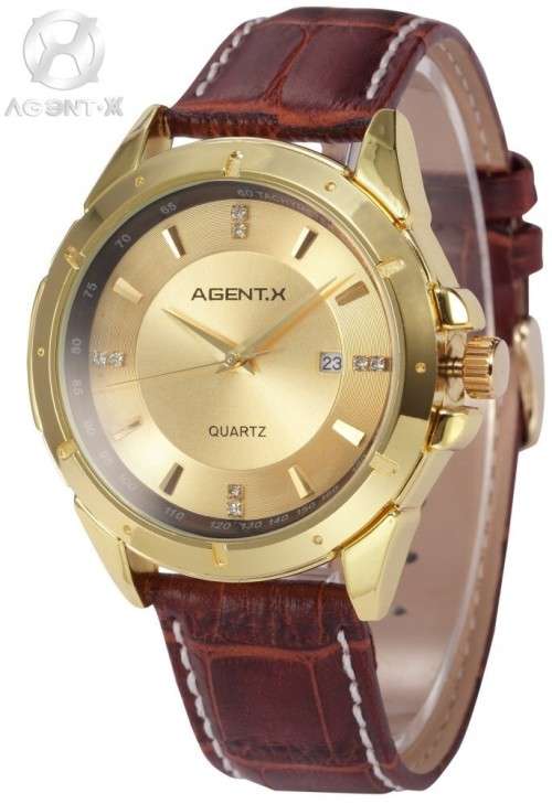 AGENT-X Golden Dial Brown Leather Quartz Mens Watch - FREE BRANDED GIFT BOX