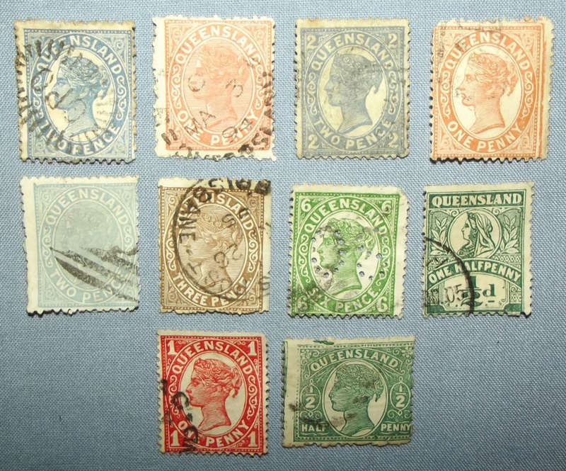 Lot of 10 Old Queensland Queen Victoria Postage Stamps