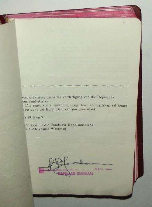 1990 SADF Chaplain Service Afrikaans Pocket Bible - Signed by the Chaplain General