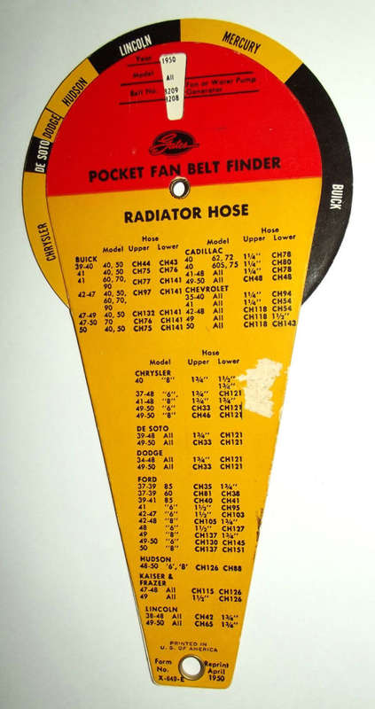 Old 1950 Gates Pocket Car Fan Belt Finder for Chrysler, Dodge, Buick, Nash, etc.