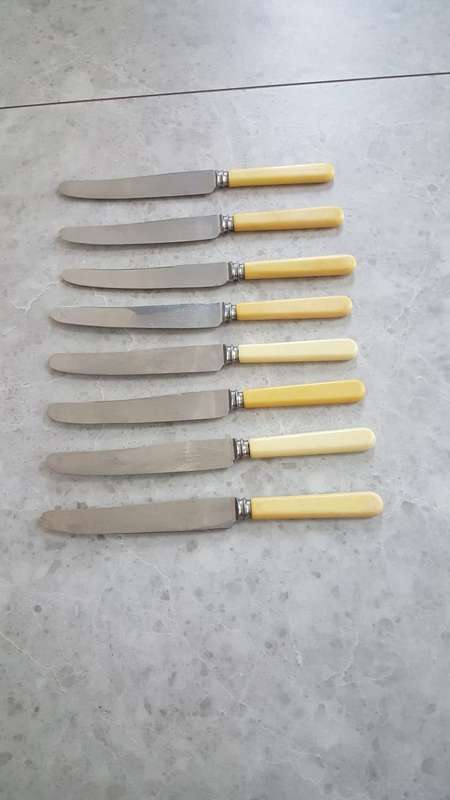 8 VINTAGE BONE HANDLE DINNER KNIVES.HARRIS MILLER & CO, SHEFFIELD ENGLAND