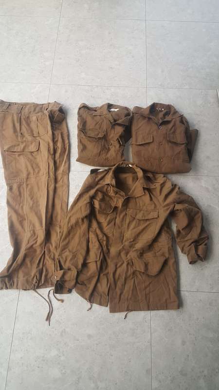 LOT OF SADF NUTRIA  2 LONG SLEEVE SHIRTS 1  MEDIUM 1 LARGE, BUSH JACKET MEDIUM