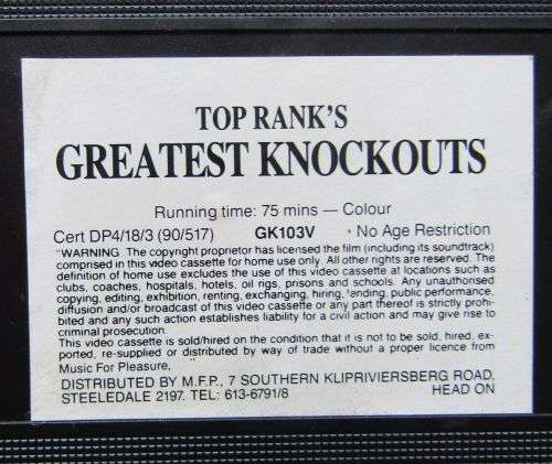 Top Rank`s Greatest Knockouts - Boxing VHS Video Tape (1990)