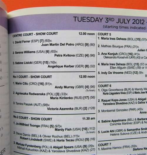 2012 Wimbledon Day 8 Tennis Programme