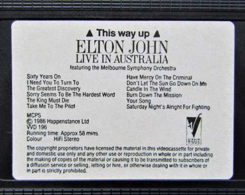 Elton John: Live in Australia - VHS Video Tape (1986)