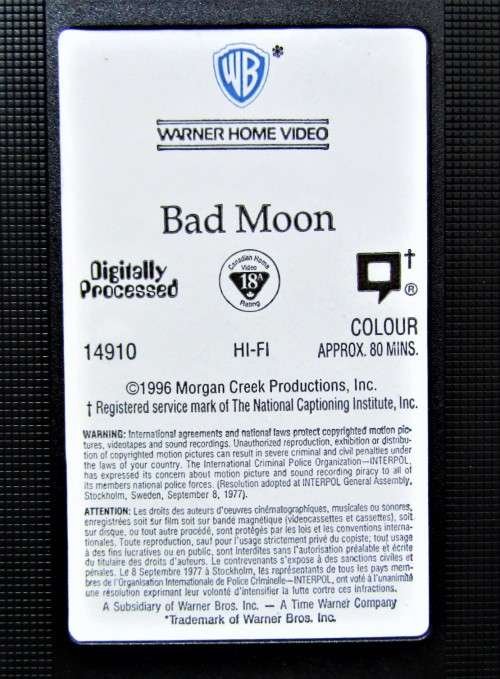 Bad Moon - Mariel Hemingway - Werewolf Horror VHS Tape (1996)